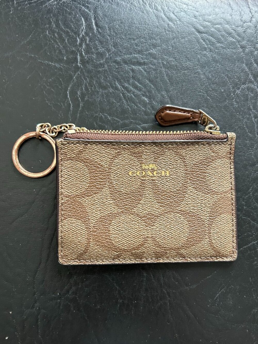 Coach Mini Skinny ID Case Wallet Brown Signature Canvas Zip Card Key Ring